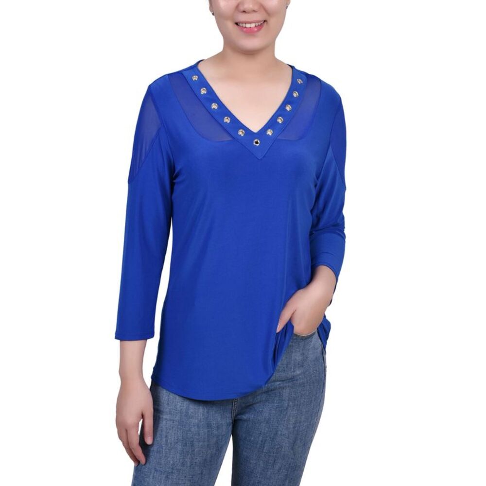 NY Collection Petite Long Sleeve Top With Mesh Insets